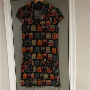 Papillon Black Dress with Red and Yellow Owl Print